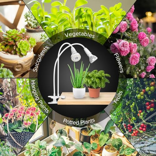 Clip on Grow Light for Indoor Plants, 2-Head LED Bulb