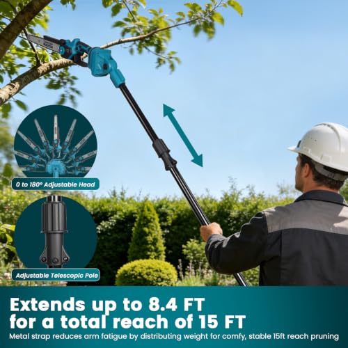 10 Inch Pole Saw with Telescopic High Branch Pole, Pruning Shear Scissors & 2x 4000mAh Batteries - Cordless Extendable Tree Trimmer Branch Cutter for High Limb Trimming