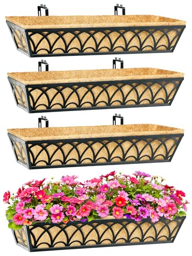 30 Inch Railing Planter Box Window Boxes Planters - 2 Pack Deck Railing Planter Boxes with Adjustable Brackets Coco Liners Balcony Planters Railing Hanging for Window Flower Boxes Outdoor Garden Decor - size: 30 Inch