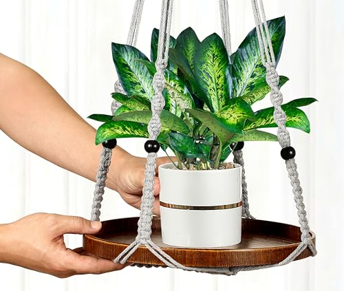 2 Pack Macrame Plant Hanger, Hanging Plant Shelf (12" + 10") - color: Light Grey, size: 2-Pack, 1-Tier