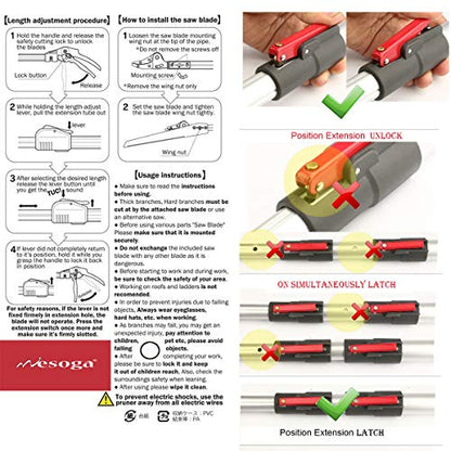 4.4-7.2 Foot Tree Pruner 2 Sections Extendable 4 Nodes Adjustable, Cut and Hold Pruning Trimmer, Long Reach Pole Saw, Telescoping Fruit Picker, Branches Bypass Lopper With Hook