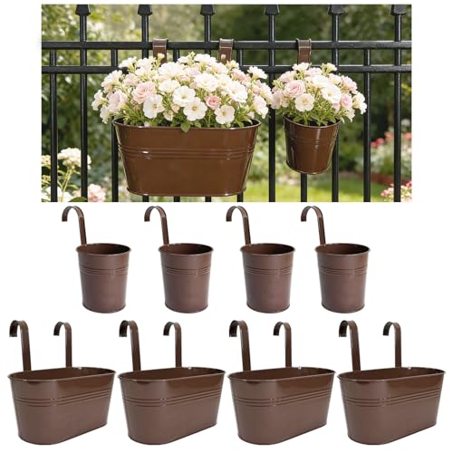 8 Pack Mixed Size Metal Railing Planters with Hanging Hooks, Chocolate - color: Chocolate, size: Oval 10"*4 + Round 4"*4