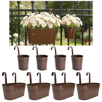 8 Pack Mixed Size Metal Railing Planters with Hanging Hooks, Chocolate - color: Chocolate, size: Oval 10"*4 + Round 4"*4