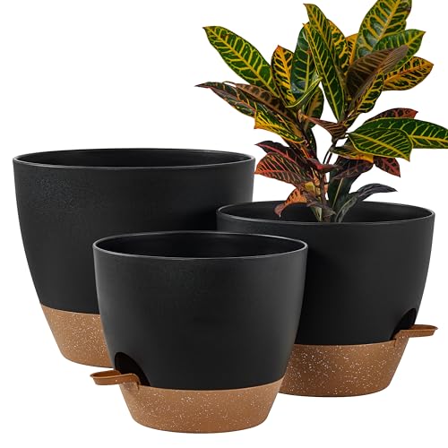 FaithLand 3-Pack Large Planter Pots, 12 10 9 Inch Self Watering Flower Pots for Indoor Outdoor Garden Plants, Black with Brown - color: Black With Brown, size: 12"+10"+9"