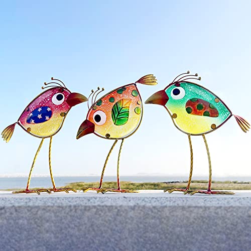 Bird Garden Decor Set of 3 Metal Glass Colorful Gift Outdoor Patio Yard Art - color: Multicolor