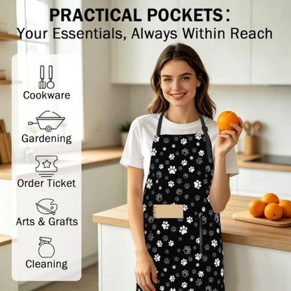 Art Apron with Pocket for Women Men - color: Black Paw Print