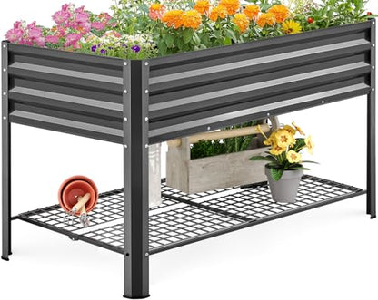 KING BIRD Large Raised Garden Bed with Legs & Storage Shelf 48×24×31.5 in