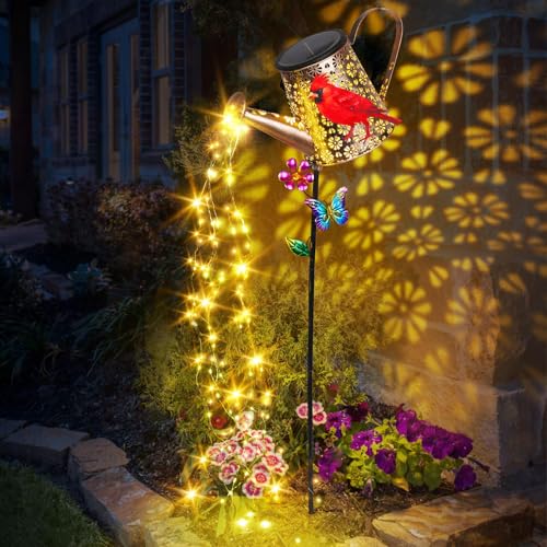 Solar Watering Can with Lights Outdoor Cardinal Garden Decor Gifts - color: Cardinal-Red