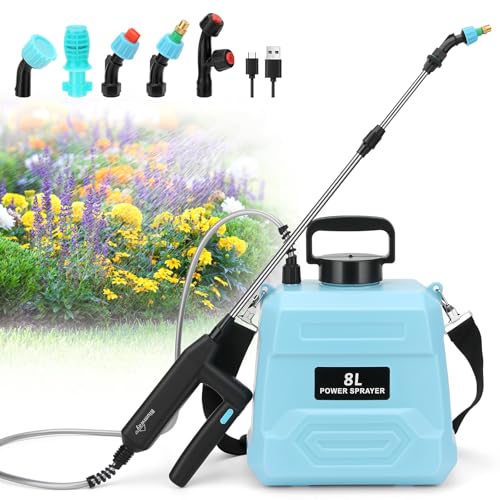 BlumWay Battery Powered Sprayer 2 Gallon, 7.4V Powerful Electric Sprayer with 5 Mist Nozzles,Rechargeable Handle, Retractable Wand, Adjustable Shoulder Strap for Lawn,Garden - color: 7.4V Blue (2 Gallon)