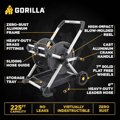 Gorilla Mobile Aluminum Garden Hose Reel, 225 Ft, Zero-Rust, No-Leak Brass - size: 225 FT