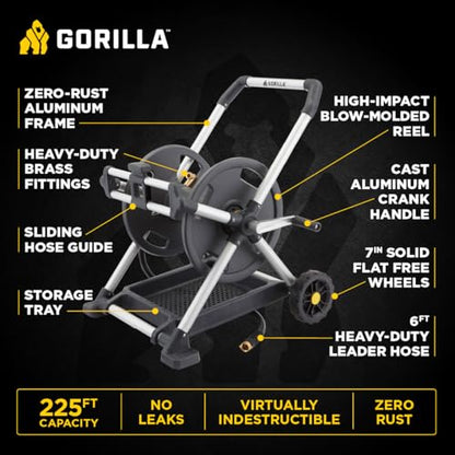 Gorilla Mobile Aluminum Garden Hose Reel, 225 Ft, Zero-Rust, No-Leak Brass - size: 225 FT