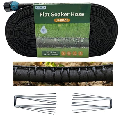 Secbulk 2026 Flat Soaker Hose 75 ft with Stakes for Garden, 75ft Linkable Drip Hose Diy Garden Irrigation System Saving 80% Water, Dual-layer Leak-free Design Water Hose with Holes - size: 75ft