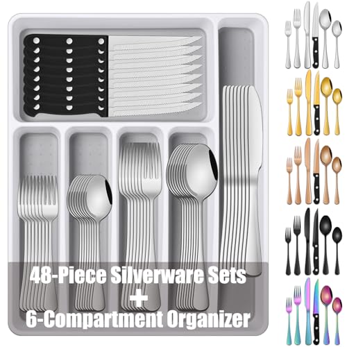 49 Pieces Silverware Sets With Organizer And Steak Knives, Stainless Steel Flatware Sets Service For 8 Person, Tableware Cutlery Sets, Includes Knife Spoon and Forks Sets - color: Silver
