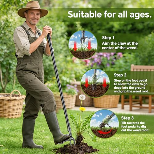 Weed Puller Tool – 45" All-Metal Stand Up Heavy Duty Weeder Hand Tool with 4-Claw Steel Head & Long Handle, Garden Weeding Tool for No Bending or Kneeling, Back & Knee Friendly, Easily Removes Weeds
