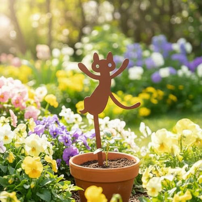 Metal Garden Decor Dancing Cat Plant Stake for Flower Pots, Steel