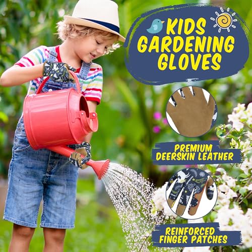 HANDLANDY Kids Leather Gardening Gloves, Kid Work Gloves, Blue, L - color: Blue (1 Pair), size: Large (Age 8-9)