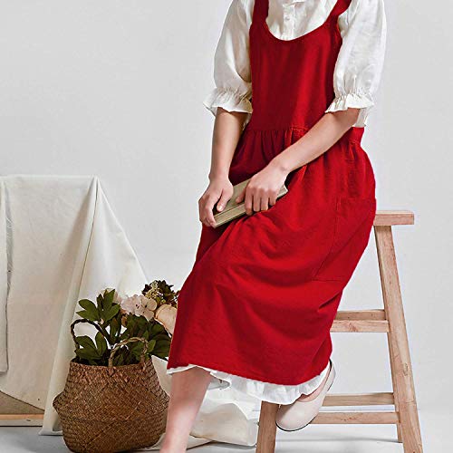 Cotton Linen Apron Cross Back Apron for Women with Pockets Pinafore Dress - color: 2 Pack-red+white