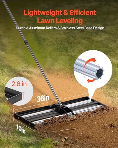 VEVOR Updated Lawn Leveling Rake with Roller, 36" x 10" Stainless Steel Lawn Leveler with 83.9" Adjustable Handle, Heavy Duty Yard Leveling Rake, Effort Saving Lawn Leveling Tool for Yard Golf Court - size: 36x10x84in (with Roller)