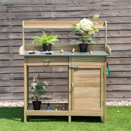 44-Inch Wooden Potting Bench with Galvanized Metal Tabletop, Garden Workbench with Storage Cabinet, Drawer, Hooks, Waterproof Surface for Greenhouse, Patio