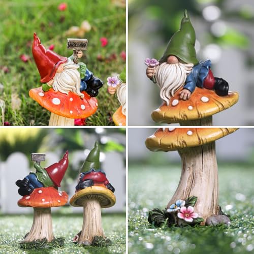 TERESA'S COLLECTIONS Set of 2 Cute Fall Decoration Garden Gnome on Mushroom - size: Medium