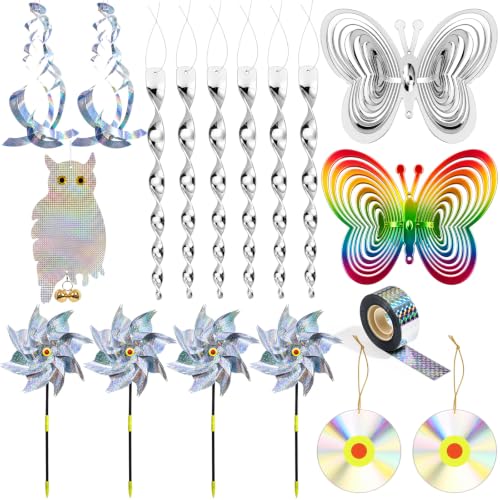18 Pack Bird Deterrent Devices, 7 Types Hanging Reflective Discs, Owl Decoy, Pinwheels, Wind Spinners, Reflective Tape, Outdoor Bird Protection Set for Garden Patio Roof Farm