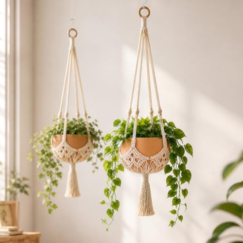 Shappy 2 Pack Boho Macrame Plant Hanger for Indoor - color: White, size: Style E