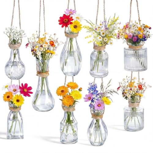 Baderke 9 Pcs Window Propagation Glass Vases with Jute Rope Mini Vintage Embossed Wall Vases for Plant Lover Wedding Hydroponic Garden Home Decoration(Clear) - color: Clear