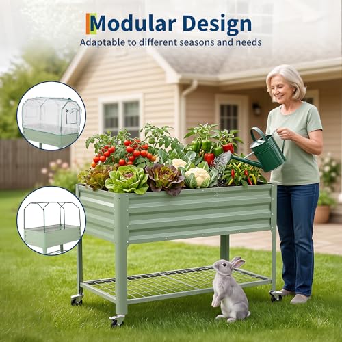 Raised Garden Bed with Cover, Galvanized Metal Elevated Planter Box with Rolling Casters & Extra Bottom Shelf, Raised Planter Box for Backyard, Patio, Balcony, 48x24x56 in, Green