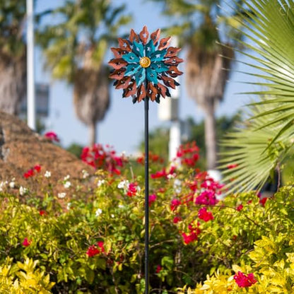 Viveta Kinetic Wind Spinner, 13" Dia Metal Wind Sculptures - color: Brown Blue-13“