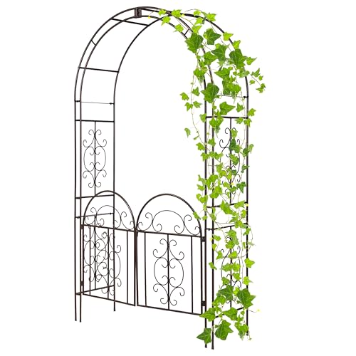 Plow & Hearth Arch Metal Outdoor Garden Arbor, 84 inches Tall, Iron Trellis Lattice for Climbing Plants, Wedding Arch, Outdoor Patio Décor (Montebello-Gunmetal with Gate) - color: Montebello-Gunmetal with Gate