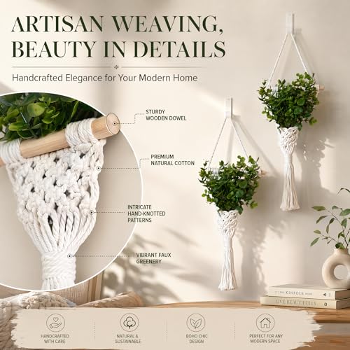 2Pcs Macrame Wall Plant Hanger, Boho Hanging Planter Basket - color: White X 2pc
