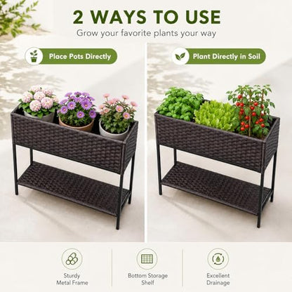 Rattan Wicker Raised Storage Garden Bed 3x1.5x2.5 ft Planter Box - color: Brown