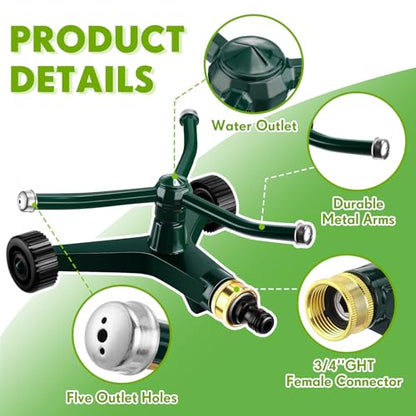 1 Pc Metal Rotary Lawn Sprinkler 3 Arm Heavy Duty 360 Degree Automatic Revolving Whirling Water Sprinkler with Wheeled Base for Lawn Yard Garden Backyard, Cover up to 538 sq ft (Green) - color: Green