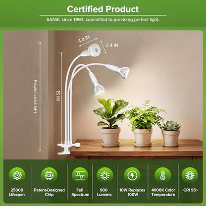 Clip on Plant Light, 30W LED Full Spectrum Bulb, 450W Equivalent - size: 3 Head