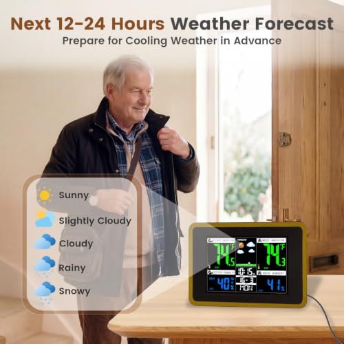 Weather Station Wireless Indoor Outdoor Thermometer, Alarm Clock - color: Black&Brown