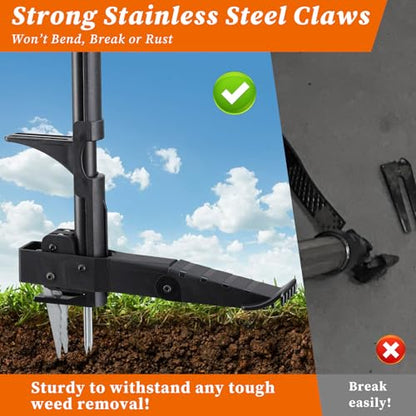 Stand-Up Weeder Puller Tool with Quick-Release Ejector & Foot Pedal, 39” Adjustable Long T Handle, 4 Claw Steel Head for Effortless Deep Root Weed Removal, Heavy Duty Garden Manual Weeder Tool