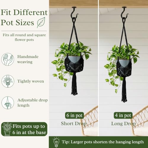 Boho Macrame Plant Hanger with Hooks, Rope Hanging Baskets for Plants - color: Black 2pack Pots Not Included