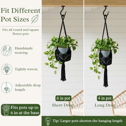 Boho Macrame Plant Hanger with Hooks, Rope Hanging Baskets for Plants - color: Black 2pack Pots Not Included