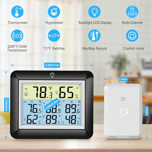Urageuxy Wireless Indoor Outdoor Thermometer with 3 Sensors - color: Black