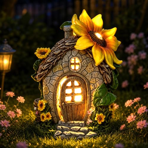 Solar Sunflower Fairy House for Garden, Outdoor Figurine with LED Light - color: Sunflower House