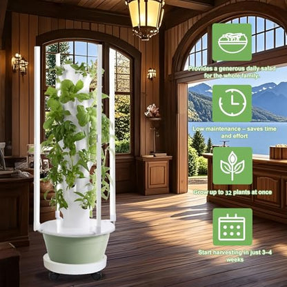 Hydroponic Garden Tower with LED Lights, 32 Pods, Auto Watering System