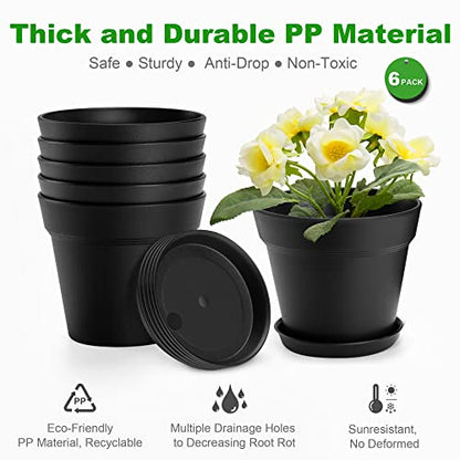 6 Pack 7 inch Plastic Plant Pots with Drainage Holes and Tray, Black - color: Black, size: 6 Pack-7in