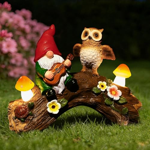 Solar Garden Statues Owl Gnomes Outdoor Decor Resin Owl Figurine with Mushroom Lights for Patio Lawn Yard Decorations Christmas Birthday Housewarming Gardening Gifts for Women Mom - color: Owl Gnome on Log