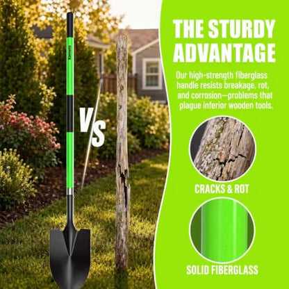 56 Inch Heavy Duty Round Point Digging Shovel with Green Fiberglass Handle