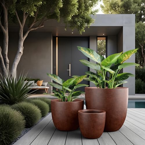 Kante Set of 3 Rusty Concrete Bowl Planters 18" 14" 10" Dia - color: Rusty, size: 18"d + 14"d + 10"d