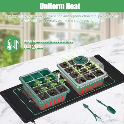 Sckee 6 Pack Seed Starter Tray with 10"x20.75" Seedling Heat Mat, Seed Starter Kit with Humidity Dome, Seed Starting Trays Plant Starter Kit and Base, Kit for Seeds Growing Starting