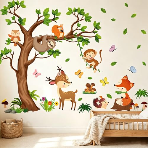 Arawat Tree Wall Decals Decor for Bedroom & Living Room - Monkey & Sloth Wall Stickers - Multicolor Cartoon Animal Wall Decor - Vinyl Sticker Decals - color: # C Zoo & Tree Wall Decals Decor for Bedroom