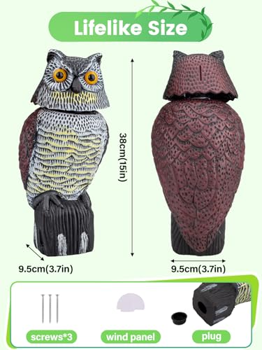 Owl Decoys to Scare Birds Squirrels Away, 360 Rotating Head Activated