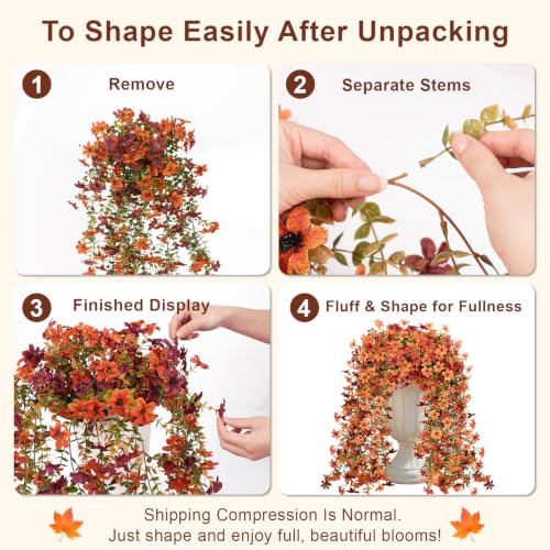Artificial Hanging Flowers for Outdoors, 2 PCS 344-Bloom UV Resistant Mums - color: Orange Burgundy Gradient