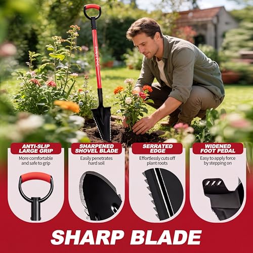 Root Shovel Garden Spade Shovel with Double Serrated Blades for Trenching, Digging,Planting,Metal Detecting,46 Inches